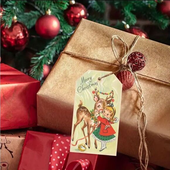 50 Gift Tags Vintage Style Merry Christmas Wishes Paper Blessing Cards w/ Twine - Picture 5 of 8